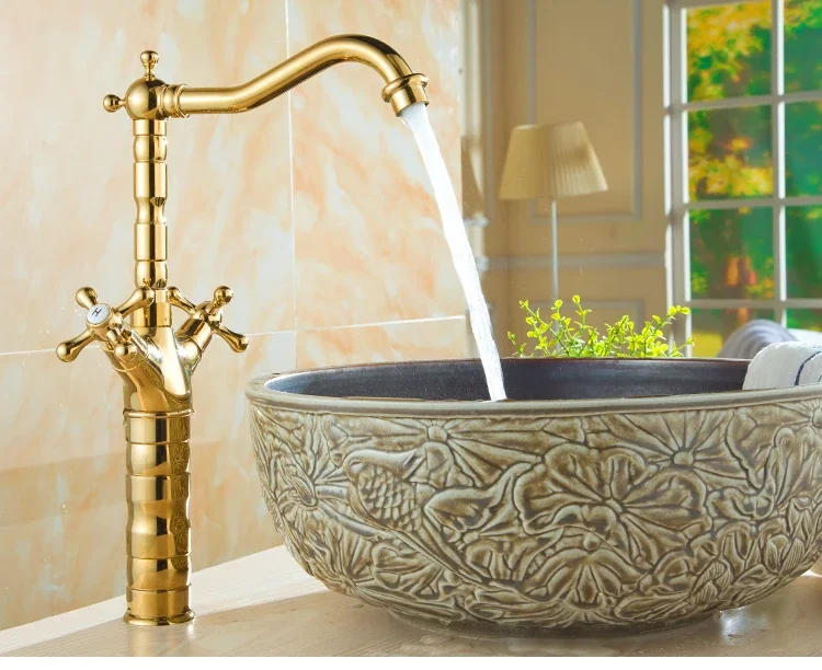 Description Picture 3 of itemGold Finished Bathroom Basin Faucet Double Handle Hot and Cold Mixer Water Tap Deck Mounted Sink Faucet Kitchen High Spout