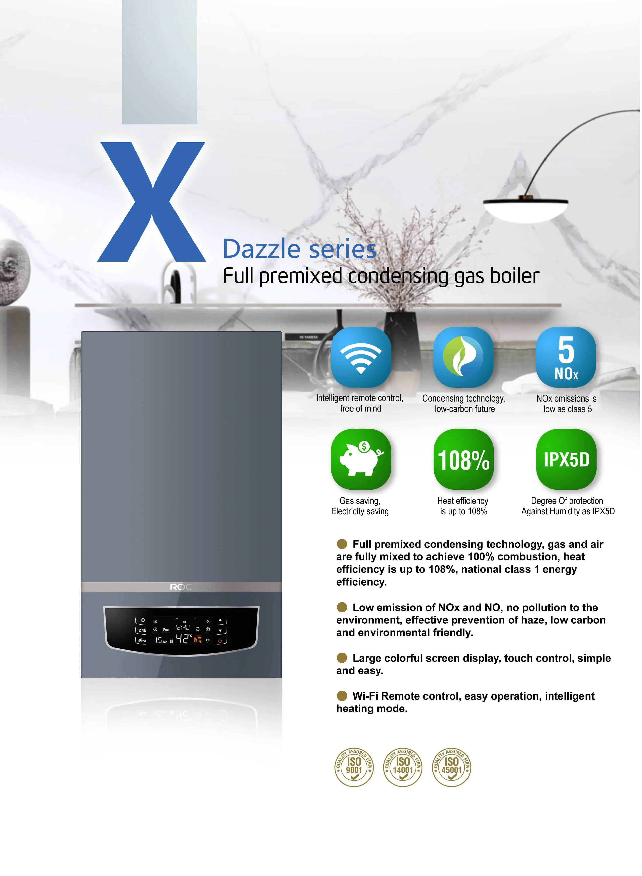 Description Picture 2 of itemROC 20KW 26KW 30KW Wall Mounted 220V Condensing Gas Boiler Indoor Heating Instant Bathroom Water Heater For Home Grey