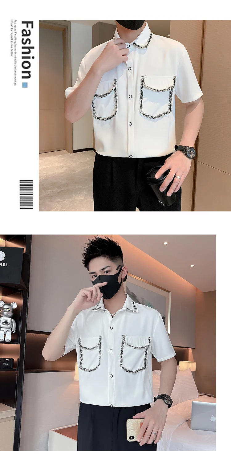Description Picture 6 of item2023 Summer Ice Silk Shirt for Men Short Sleeve Loose Casual Shirts Fashion Streetwear Social Party Tuxedo Blouse Men Clothing