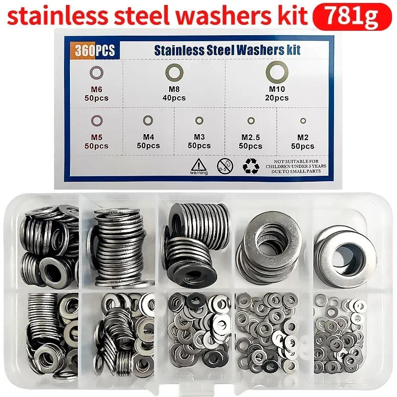 Description Picture 2 of item360pcs/Box M2 M2.5 M3 M4 M5 M6 M8 M10 304 Stainless Steel Washer Set Adjusting Shim Plain Gasket Assortment Kit Box