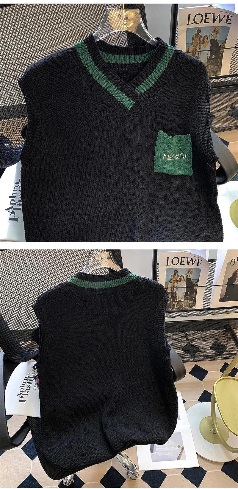 Description Picture 4 of itemSweater Vest Men Spring V-neck Japanese Vintage Contrast Color College Knitted Fashion Loose All-match Sleeveless Clothing V29