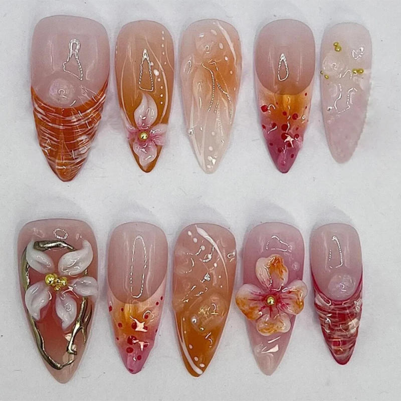 Description Picture 3 of item24pcs Short Almond Wearable False Nail Tips Lines Bow Rhinestones Design Fake Nail Art Cute Pink Love Pearl Press on Nails Set