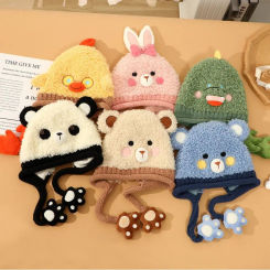Cartoon Kids Knitted Hat Lovely Thicken Plush Crochet Hats Ear Protection Winter Warm Baby Beanie Cap
