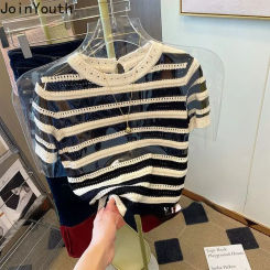 Striped Tshirts Women Clothing O-neck Short Sleeve Summer Tees Fashion Hollow Out Knitted Casual T Shirts Tops 2025 Ropa Mujer