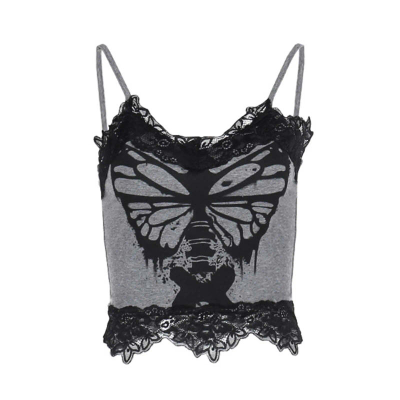 Description Picture 5 of itemSexy Lace Patchwork Gothic Clothing Body Crop Top Women Sleeveless Clubwear Gothic Style Skull Graphic Embroidery Black Camis