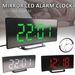 Curved Screen Clock Digital Led Alarm Clock with Temperature Display Large Mirror Clock Snooze Bedside Table Clock Room Decor