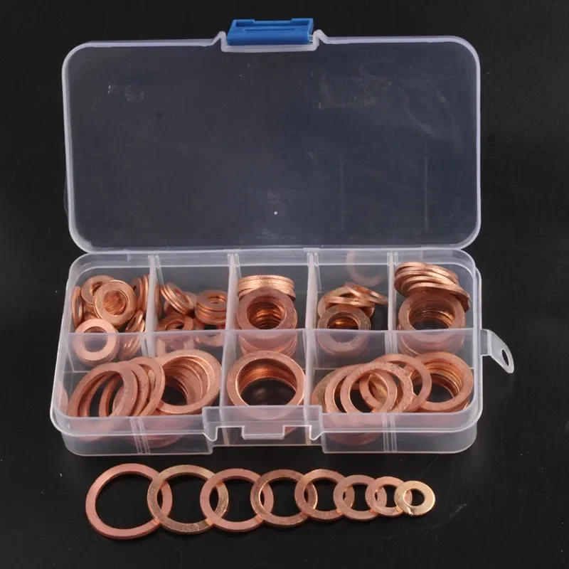Description Picture 2 of item120pcs 8 Sizes Solid Copper Washers Sump Plug Assortment Washer Set Plastic Box Professional Hardware Accessories