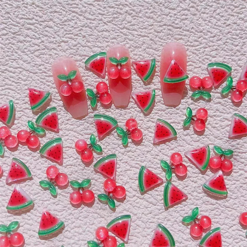 Description Picture 3 of item10Pcs 3D Resin Mini Cherry Watermelon Gems Nail Art Charms Sweet Fruit Flatback Jewelry Design Nail Decorations Rhinestones 10mm