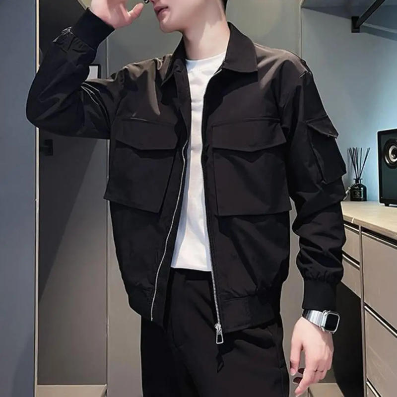 Description Picture 4 of itemMen Jacket Loose Long Sleeve Buttons Lapel Jacket Multiple Pockets Outerwear Casual Smooth Hip Hop Streetwear Men Coat 남성 외투