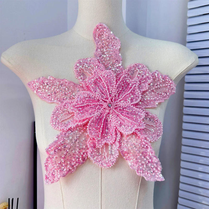 Description Picture 5 of item1PC Sequin Beaded 3D Floral Lace Patches Multi Layered Applique Clothing Fabric Sewing Material DIY Handmade Shiny Evening Dress