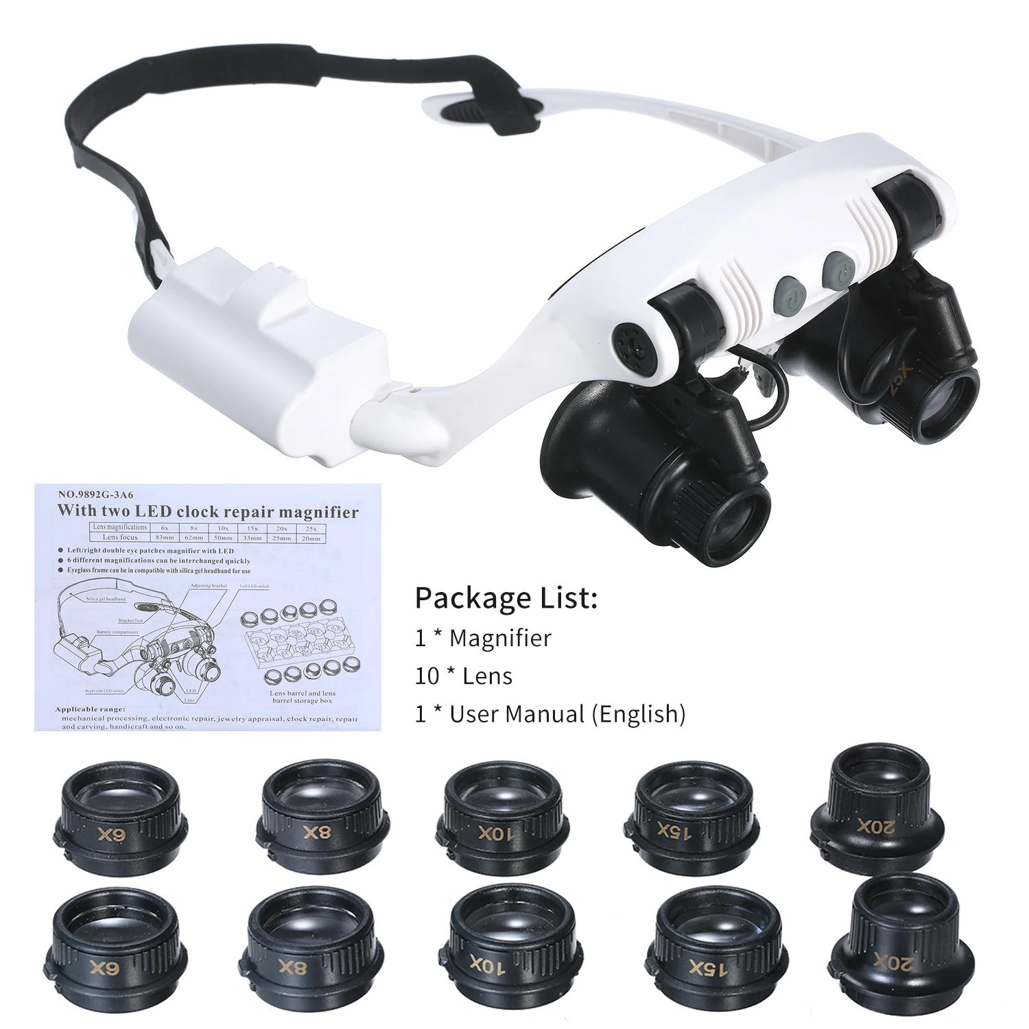 Description Picture 2 of itemGlasses Magnifier With 2 LED Lights 6 Replaceable Lenses 6X 8X 10X 15X 20X 25X Magnifying Glass Illuminated Magnifier Loupe