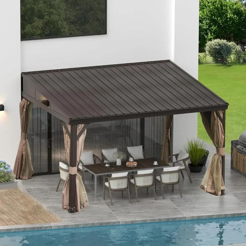 Description Picture 2 of item10 X 12 Ft Lean To Gazebo with Aluminum Frame, Galvanized Steel Sloping Roof with Curtains and Netting, Gazebo