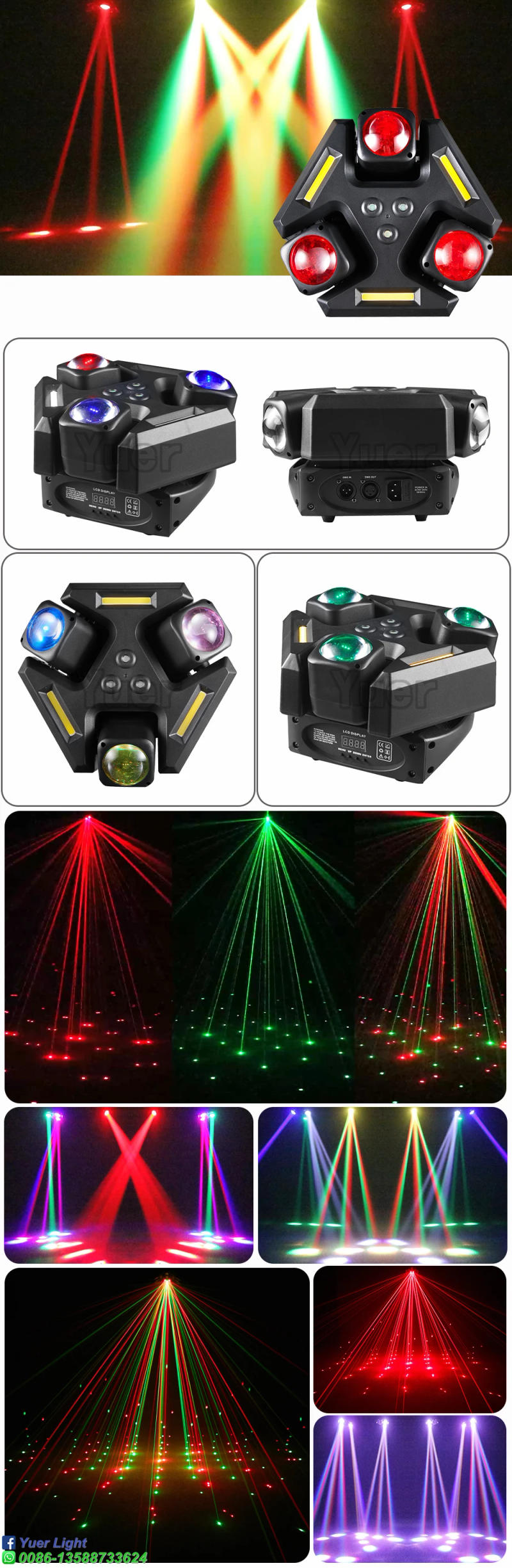 Description Picture 2 of itemLED 3 Head Smart 6 Beam Moving RGB DMX Stage Lights DJ With RG Laser Gold Strobe Effect Lighting Music Party Disco Bar Indoor