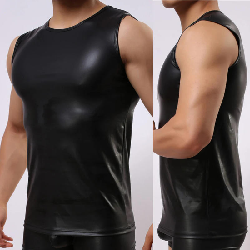 Description Picture 3 of itemMen Sport Fitness Bodybuilding Tanks 2022 Fashion Man Faxu Leather Sleeveless Tops Gym Singlet Undershirts Sport Pullover Tops