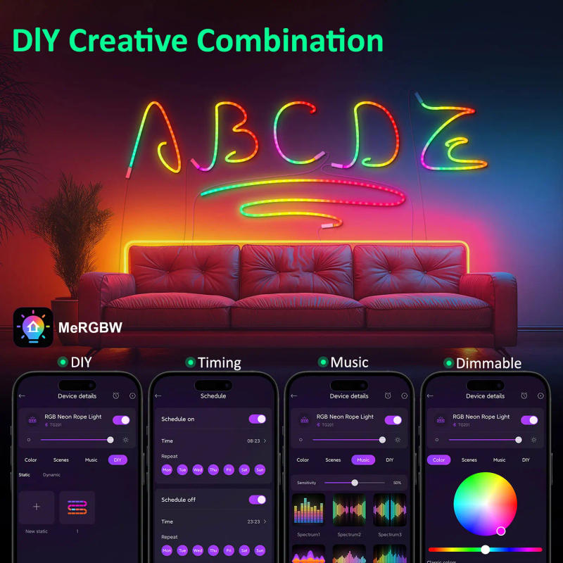 Description Picture 5 of itemNeon Rope Lights Music Sync DIY Control MeRGBW Multicolor Chasing Strip Tape Gaming Room Living Bedroom Wall Decor Night Light