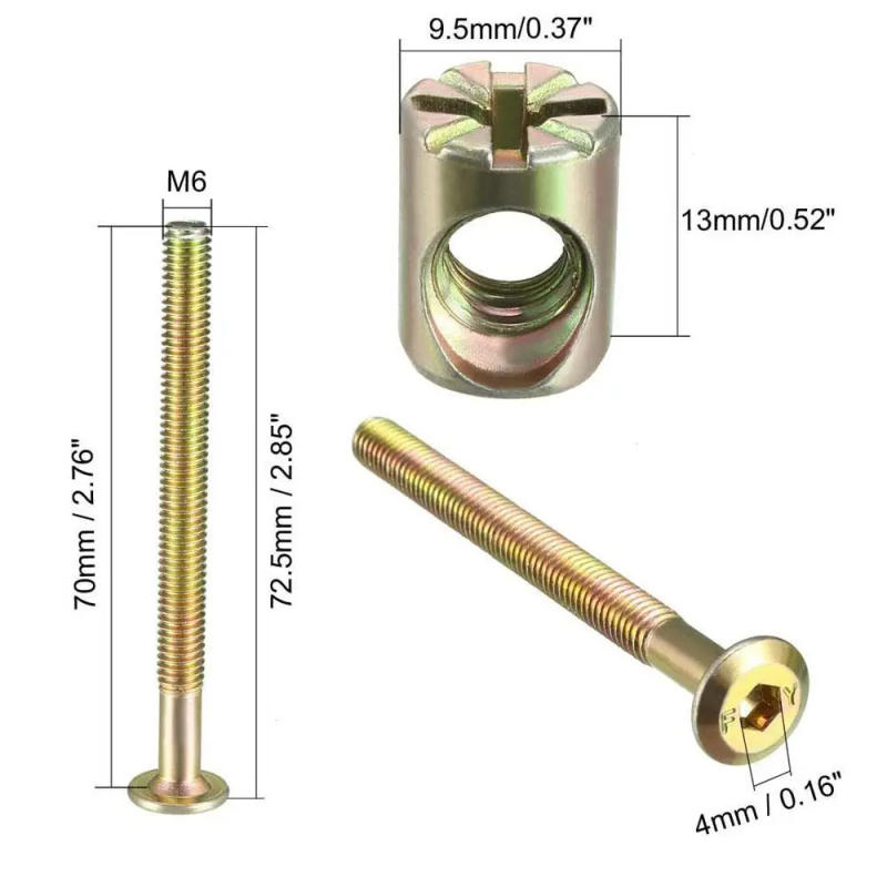 Description Picture 3 of item10PCS Carbon Steel Bolt Nut Set Portable M6x70mm Hex Socket Screw Connector Cross Hole Nut
