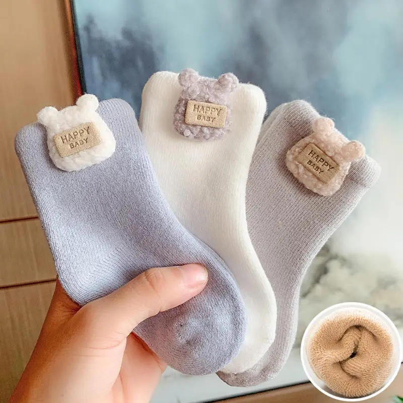 Description Picture 4 of item3Pair Cute Warm Baby Socks Winter Thicken Plush Newborn Terry Socks Solid Color Cartoon Rabbit Bear Infant Mid Tube Socks Sox