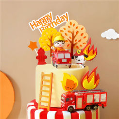 Happy Birthday Cake Toppers Party Supplies Fireman Set Fire Ladder Truck Decoration for Boy Children's Day Cake Decorate Gifts