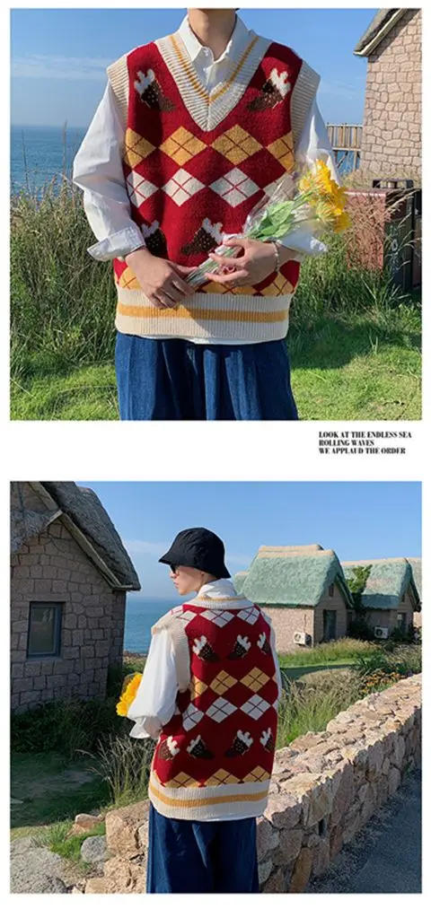 Description Picture 4 of itemJapanese Style V-neck Knitted Vests Couple Plaid Printed Loose Casual High Street Sleeveless Sweaters Men Tops Male Clothes