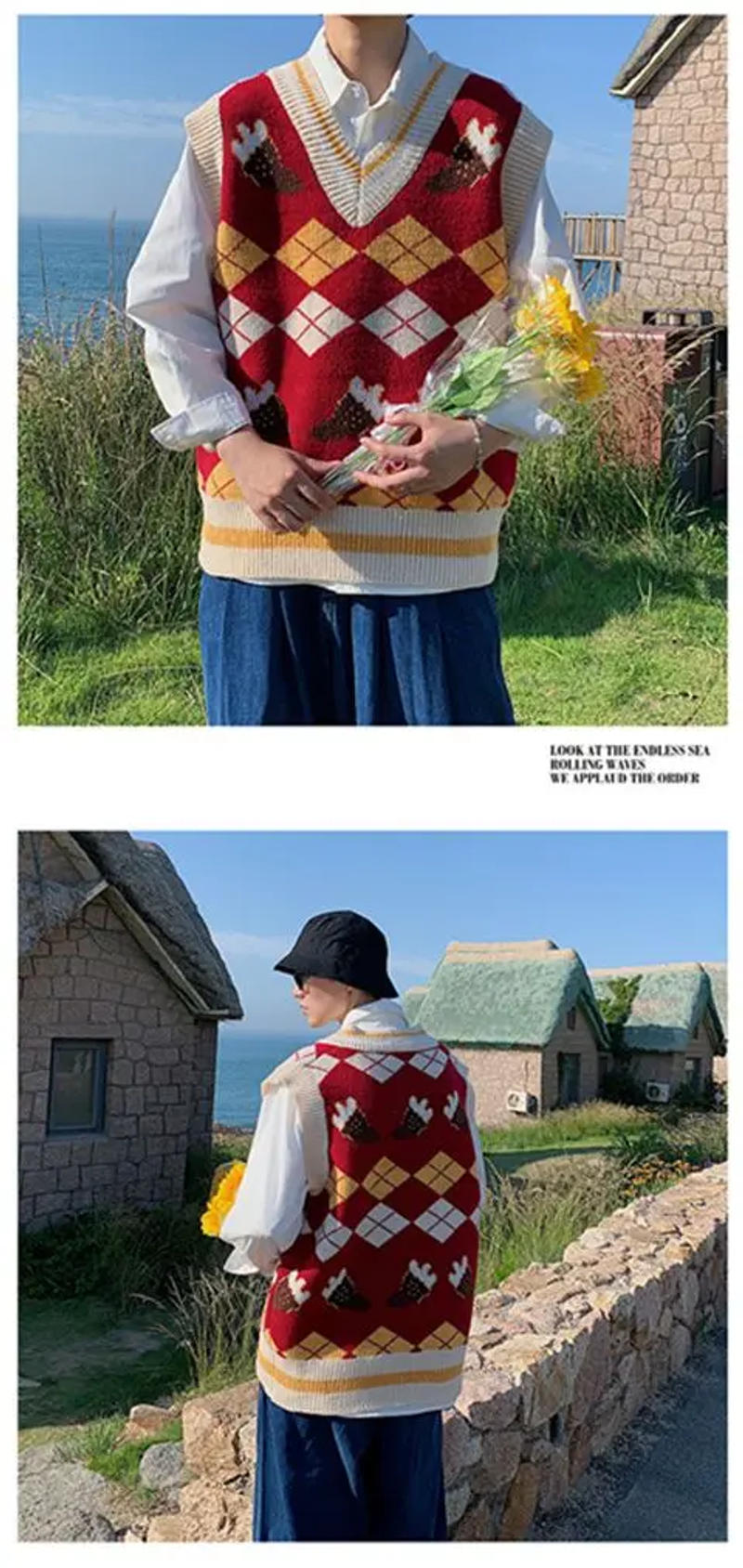 Description Picture 4 of itemJapanese Style V-neck Knitted Vests Couple Plaid Printed Loose Casual High Street Sleeveless Sweaters Men Tops Male Clothes