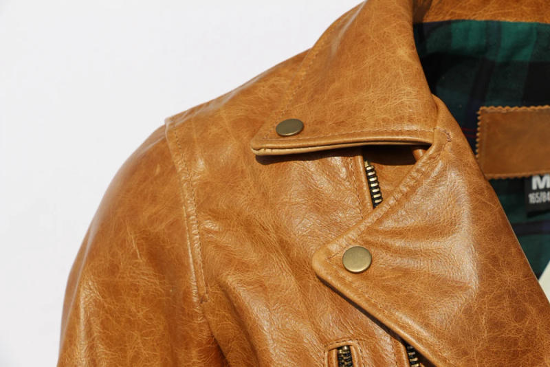 Description Picture 6 of itemMen Genuine Leather Jacket Oil Waxed Cowhide Coat Soft Burgundy Natural Sheepskin Biker Style Male Clothing Spring Autumn M003