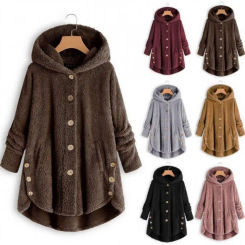 New Fashion Autumn Winter Women's Solid Button Coats Ladies Warm Teddy Bear Loose Outwear Female Plush Coat Hooded Wool Jackets