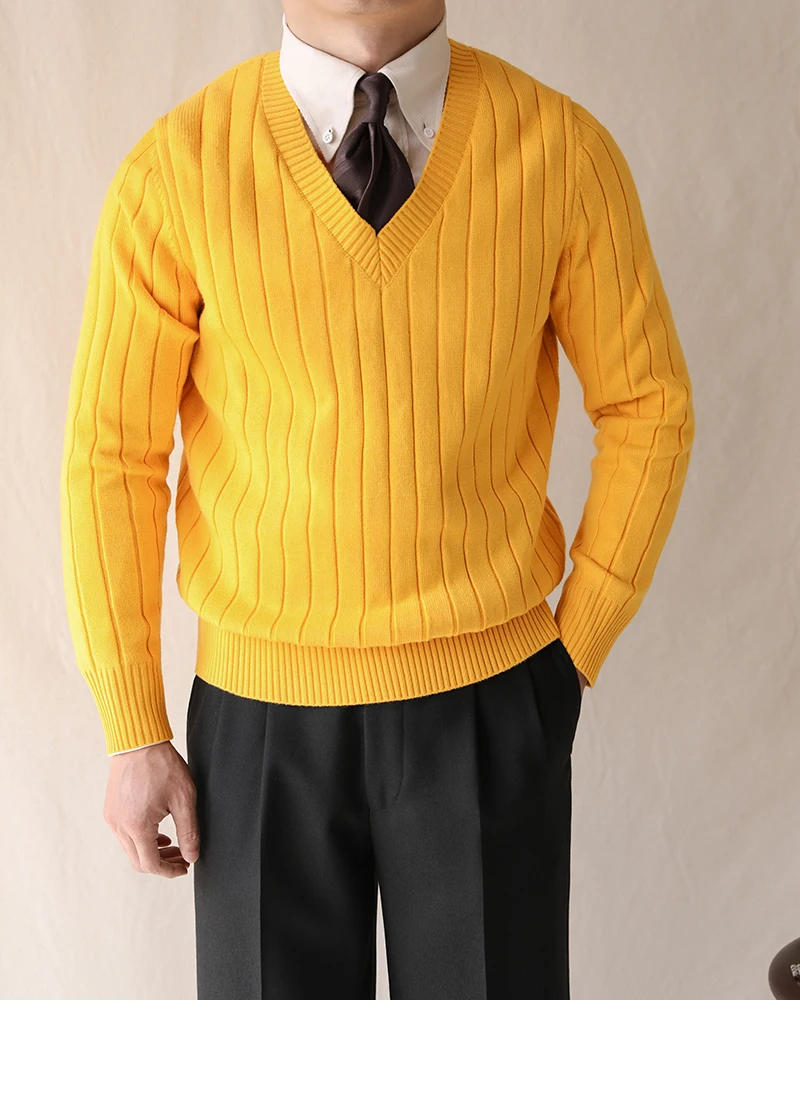 Description Picture 6 of itemWinter Thickened Warm Sweater For Men V-Neck Striped Knitwear Korean Fashion Long Sleeve Pullover Slim Fit Sweater Pull Homme