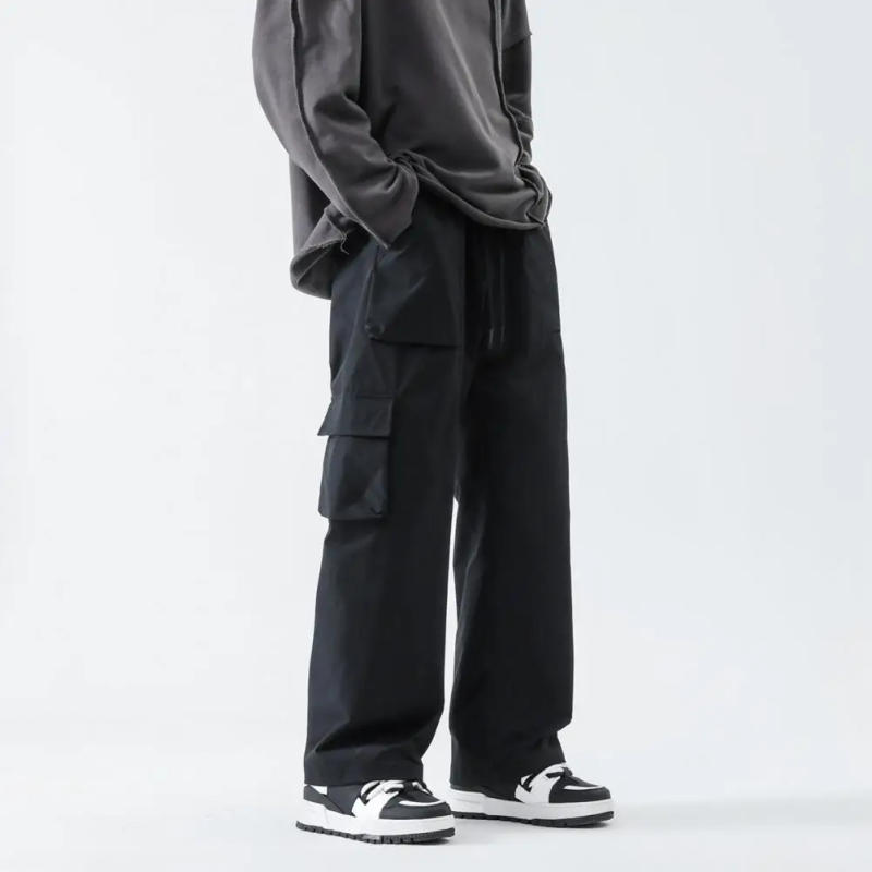 Description Picture 5 of itemStraight-cut Pants Cargo Trousers Men's Elastic Drawstring Cargo Pants with Pockets Solid Color Straight Leg for Streetwear