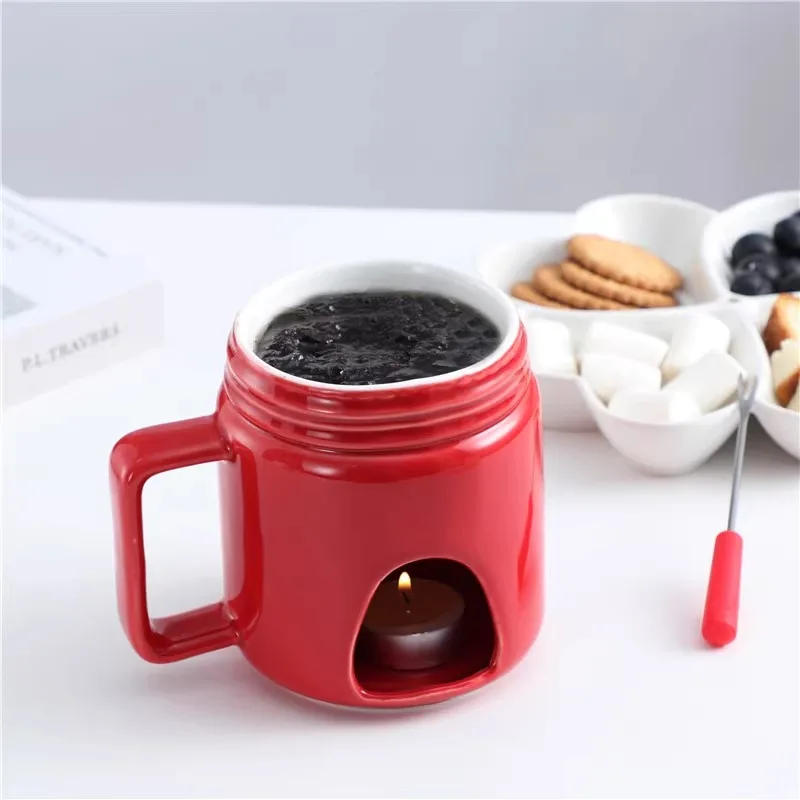 Description Picture 2 of itemCrerative Ceramic Chocolate and Cheese Fondue Maker Fondue Mug Set with Dipping Forks Melting Pot Furnace