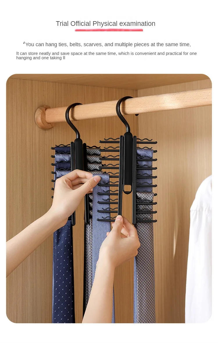 Description Picture 3 of itemTie Hanger Rotatable Necktie Storage Rack Wardrobe Organizer 20 Rows Large Capacity Belt Tie Hooks Closet Skidproof Tie Clamp