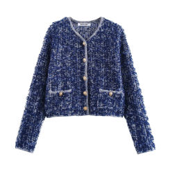 French Heavy Industry Blue Short Knitted Jacket Women's Early Spring Style Elegant And High And Sweater Cardigan