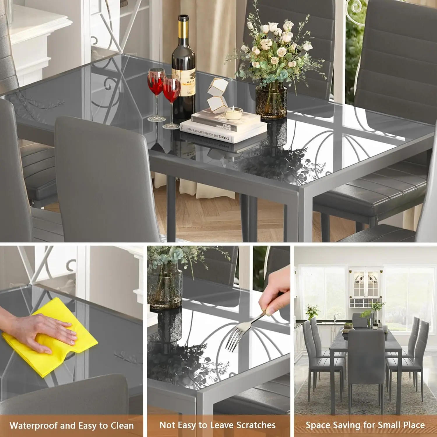 Description Picture 6 of item7 Piece Kitchen 6 Person, Tempered Glass Table and PU Leather Chairs Modern Dining Room Sets for Small Space, Dining Table Set
