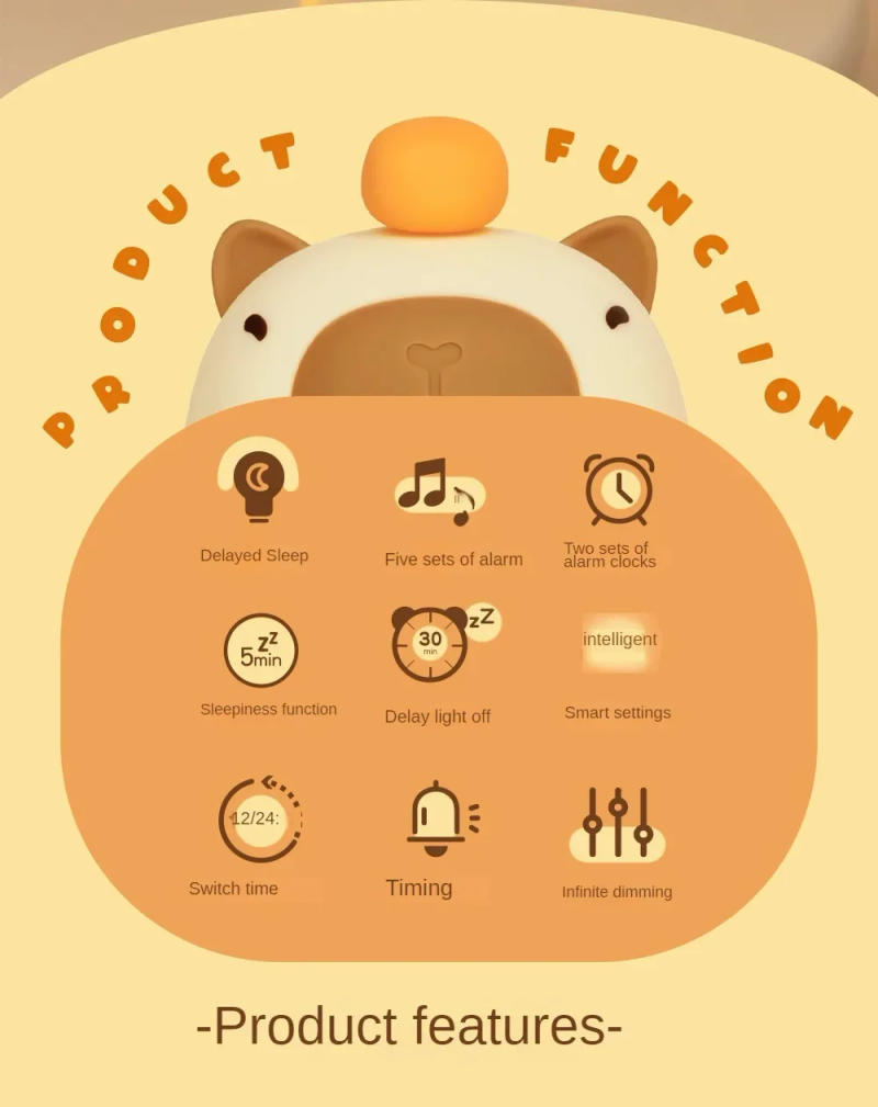 Description Picture 3 of itemCapybara Led Night Light Silicone Rechargeable Digital Alarm Clock Dimmable Table Lamp Timing USB Charge Children Birthday Gift