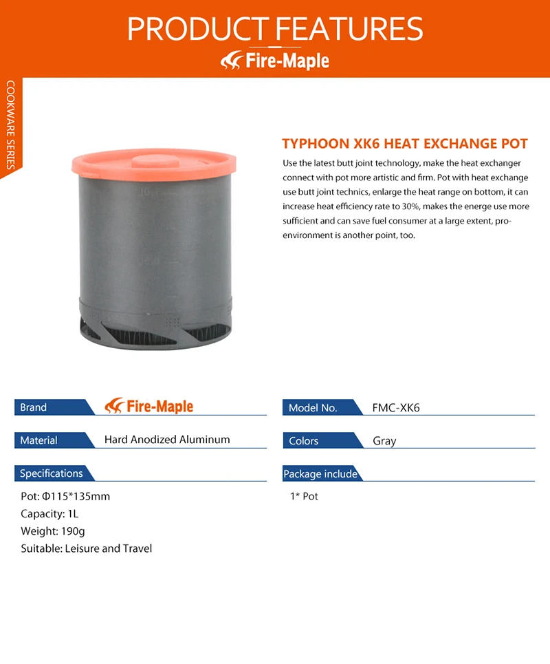 Description Picture 3 of itemFire Maple Camping Cookware Pot Aluminium Alloy Heat Exchanger Pot Portable Outdoor Travel Picnic Tableware Kettle 1L FMC-XK6