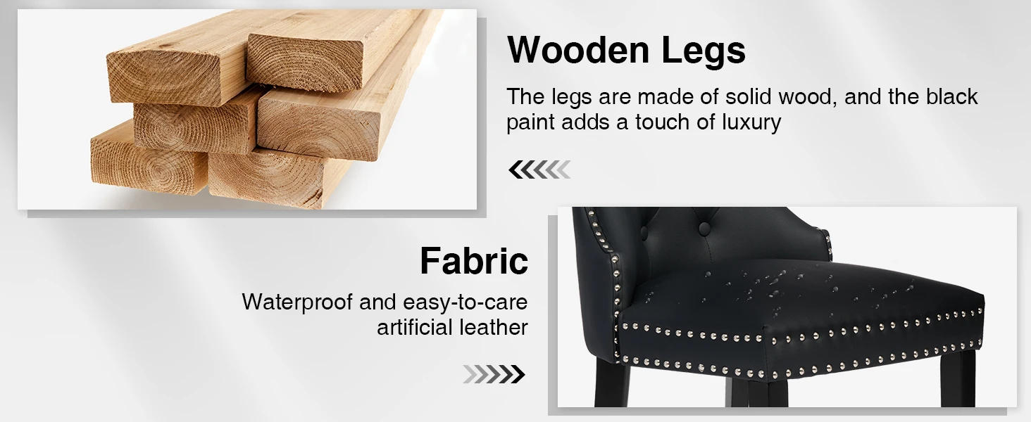 Description Picture 4 of itemLeather Dining Chairs Set of 2, Tufted Upholstered Dining Room Chair with Pull Ring and Solid Wood Legs, Black