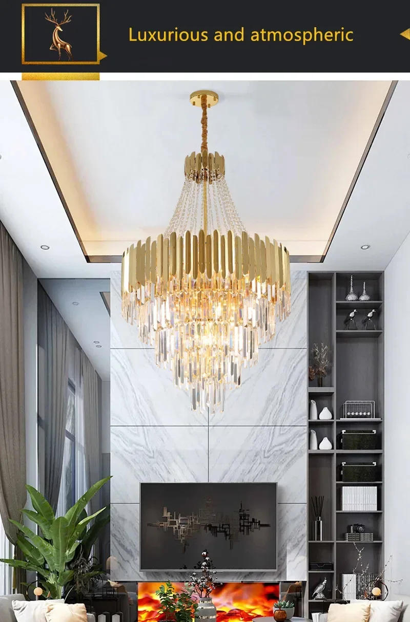 Description Picture 2 of itemLuxury Crystal Chandeliers Golden Large Hanging Lamps Lobby Villa Staircase Pendant Lights for Room Decor Lustre LED Luminaires