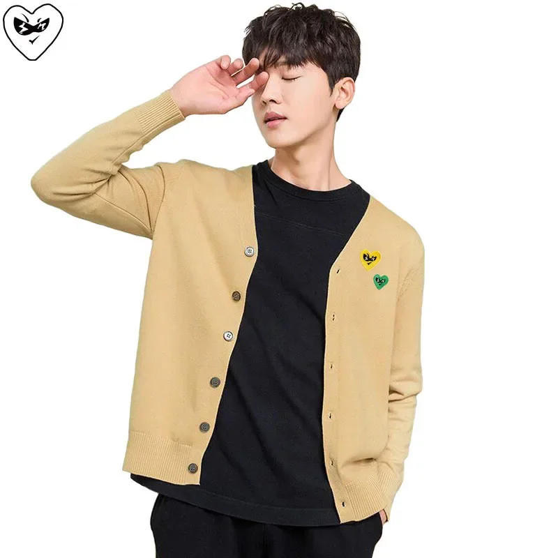 Description Picture 6 of itemBreak Egg Men Cardigan Cotton Color Double Big Small Heart Glasses Embroidery V-neck Single-breasted Spring Casual Sweater