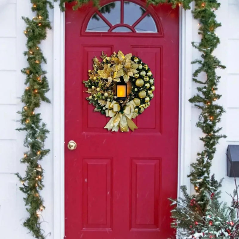 Description Picture 3 of item30cm Christmas Wreath With Lantern Front Door Garland With Large Bow Seasonal Ornament Christmas Decoration For Front Door Wall