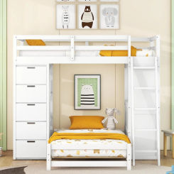 bed，Twin Over Twin Bunk Beds with Built-in Desk & Shelves,Soild Wood Bed Frame with 5 Storage Drawers, LED Light and USB Ports,