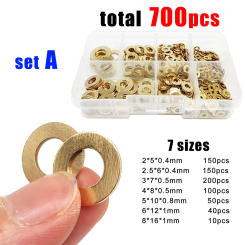 530/700pcs Mix M2 M2.5 M3 M4 M5 M6 M8 7 Sizes Solid Brass Copper Flat Washer Plain Gasket Pad Assortment Kit Set Box GB97 DIN125