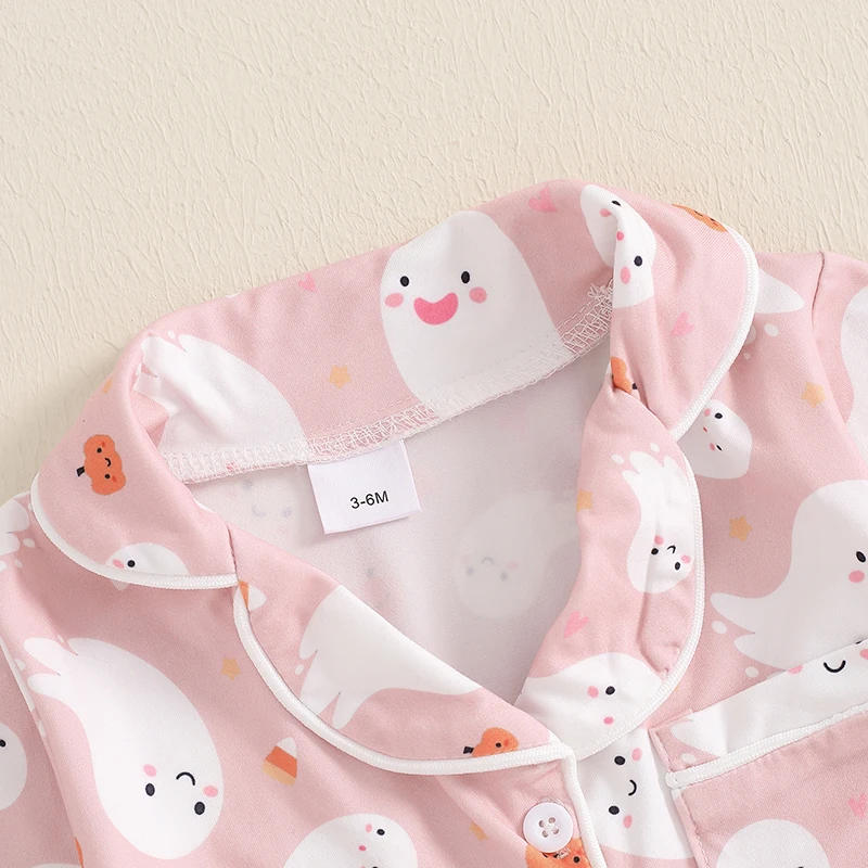 Description Picture 5 of itemBaby Girl Halloween Sleeping Romper Ghost Pumpkin Print Lapel Long Sleeve Button Down Jumpsuit