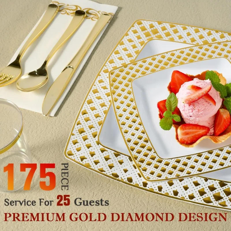 Description Picture 4 of item175 Piece Gold Dinnerware Set for 25 Guests- Square Plastic Plates with Diamond- Including Disposable 25 Dinner Plates