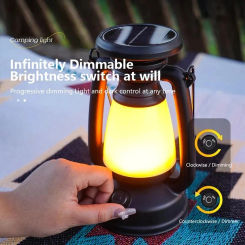 Portable Solar Retro Camping Lamp Solar and USB Rechargeable Stepless Dimming Camping Waterproof Tent Hanging Atmosphere Lantern