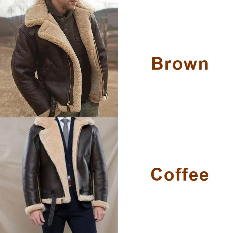 Description Picture 6 of itemMen's Faux Leather Classic Brown Black Bomber Jacket Winter Shearling Sheepskin Coat Men's Leather Biker Jacket Large Size
