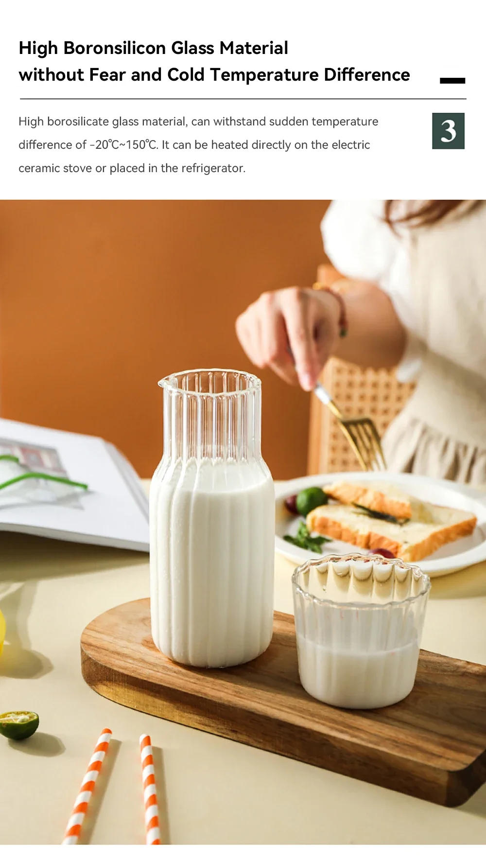 Description Picture 6 of itemGlass Water Bottle with Glass Cup Set Drinkware Bedside Carafe with Tumbler Glasses Drinking Pitcher for Milk Beverage Tea