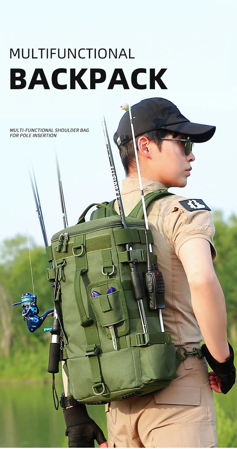 Description Picture 3 of itemMultifunctional Fishing Backpack Tackle Bag with Rod Holders Fish Equipment Storage Molle Pack Camping Hiking Outdoor Sports Bag