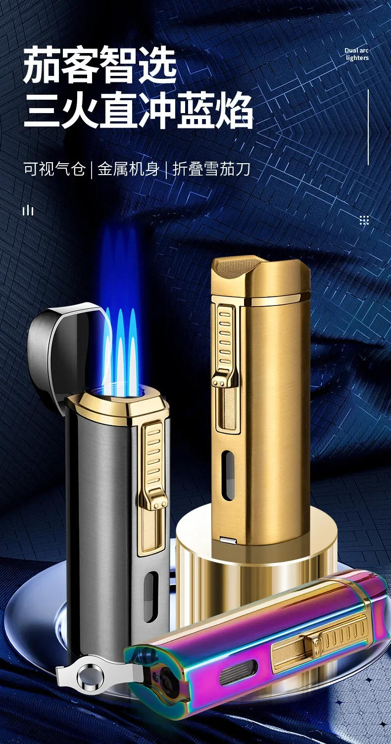 Description Picture 4 of itemNew Luxury Cigar Lighter Torch Metal Windproof Straight Jet Butane Lighter Smoking Cigar Accessories Cigar Punch Men's Gifts