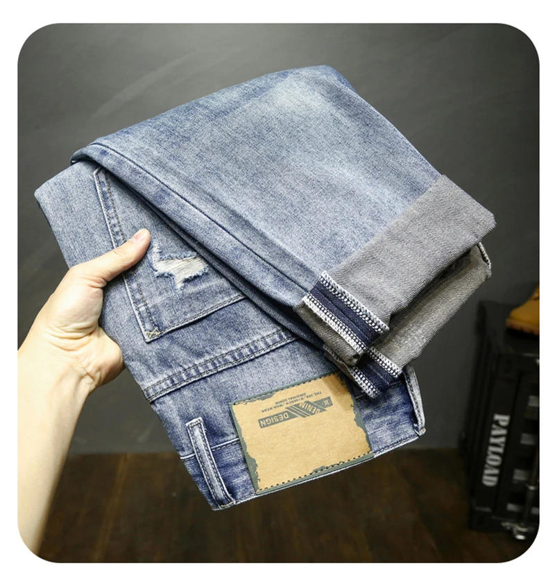 Description Picture 4 of itemRipped Jeans Men Light Blue Ankle Length Pants Harem Broken Distressed Baggy Pants Loose Fit Original Taper Jeans Mens Clothing