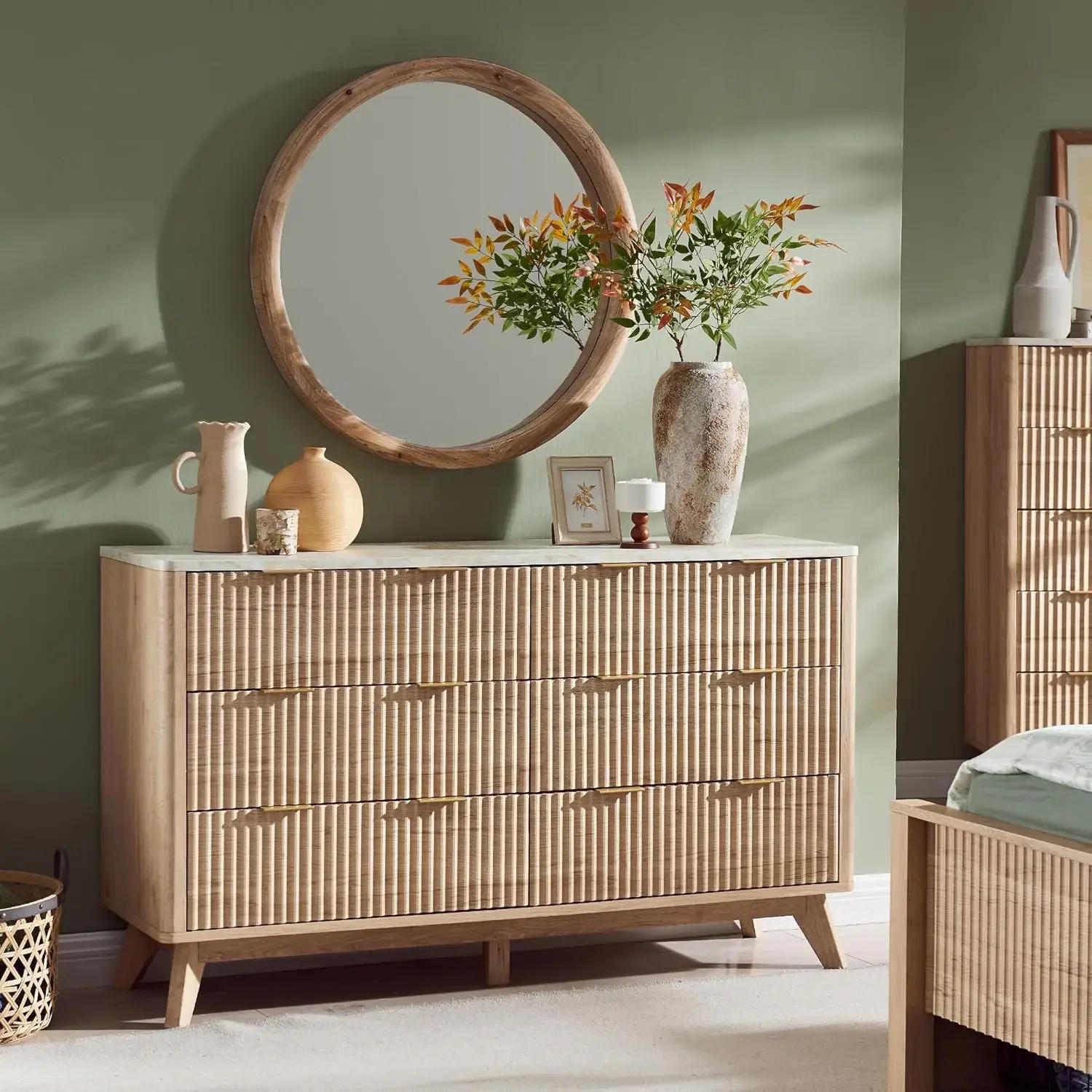 Description Picture 4 of itemFluted 6 Drawers Dresser 54" Wide Modern Chest Of Drawers With Faux Marble Top Curved Profile Design Dresser Natural Oak