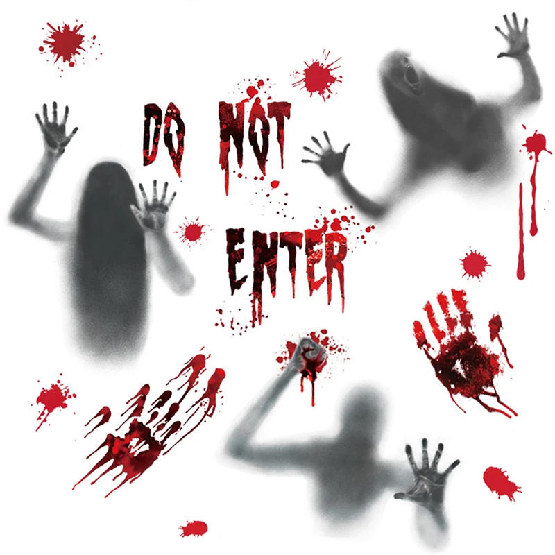 Description Picture 6 of itemHalloween Stickers Horror Blood Hand Print Door Stickers Window Bathroom Shadow Glass Female Ghost Wall Decal Halloween Decor